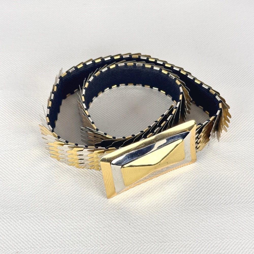 80s Vintage Gold & Silver Serpentine Belt Geometric Statement Buckle